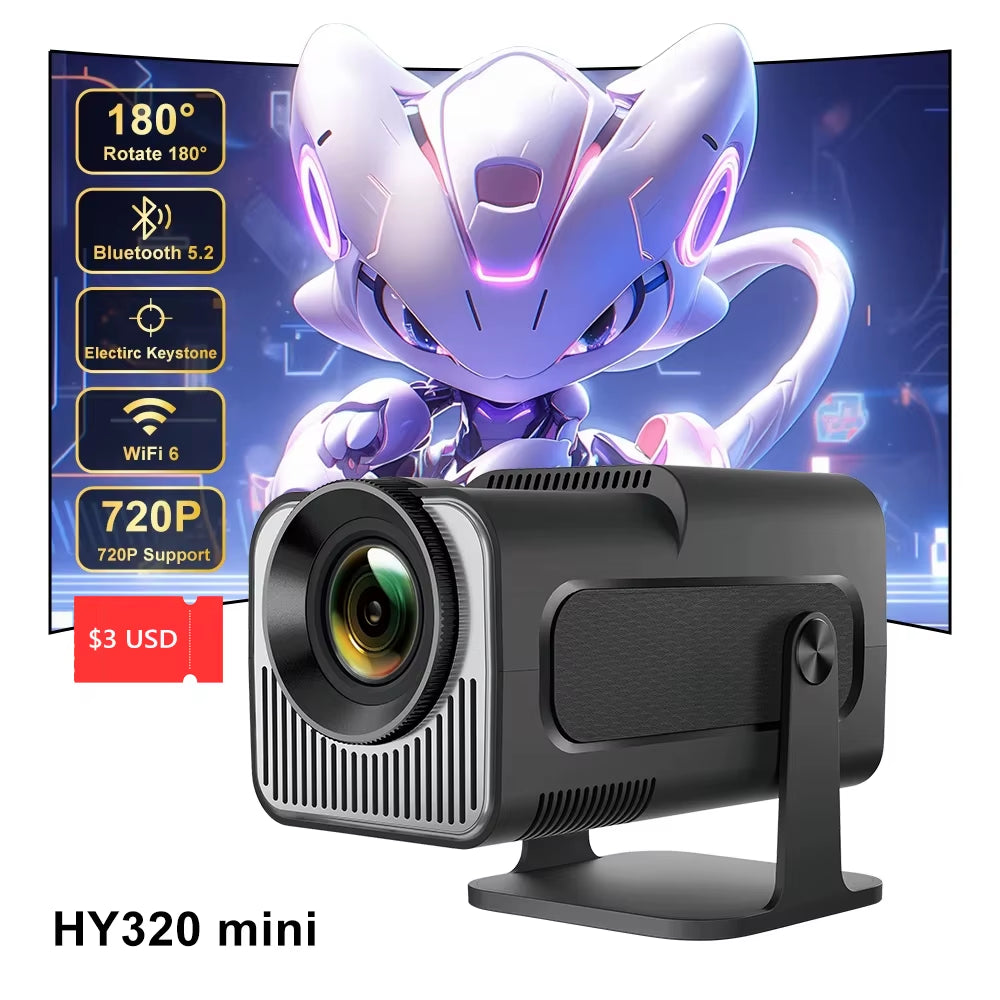 Hy320Mini Projector Portable 4K 8K Video Support Native 720P Cinema Outdoor Android 11 Beam Projetor Upgraded Version
